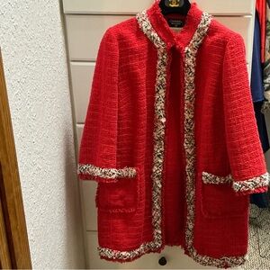 CHANEL Open Front Long Length Jacket Red w/ leopard accents Size 48